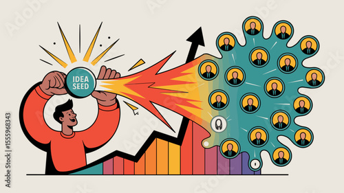 marketer launching an idea seed with megaphone to user network, vector illustration for growth hacking, viral marketing campaign and audience engagement