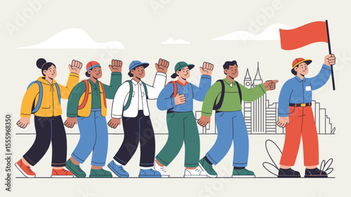 tour guide with flag leading a group of young travelers, vector illustration for a group tour, shared travel experience and guided city exploration