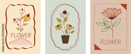 Vintage floral spring doodle hand drawn whimsical frame with wavy line set of cute cards or posters in coquette style.  Shabby chic pastel frames with flower leaves, tulip, pot. Vector illustration 