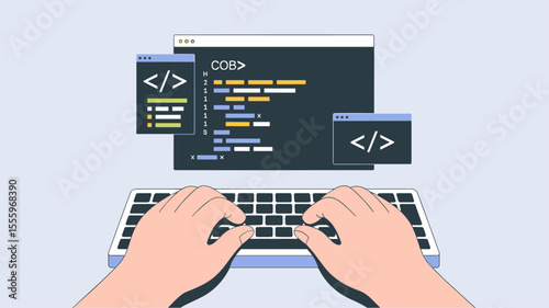 developer hands typing on keyboard with code on screen, vector illustration for front-end development, web programming and software engineering