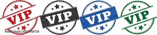 Four vip stamps in red black blue and green on a white background
