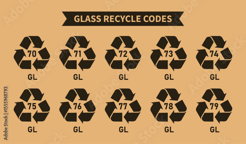 Glass recycling codes icon set, triangular glass and bottle recycling symbols, codes 70, 71, 72, 73, 74, 75, 76, 77, 78, 79 for factory and industrial products, gl gls symbols, Vector illustration