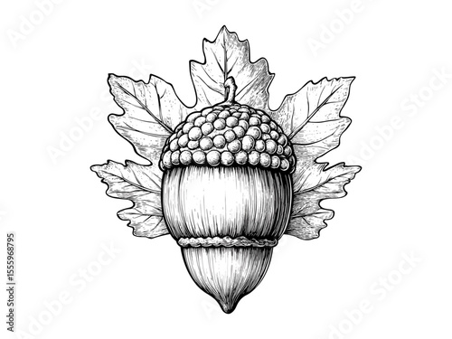 Retro autumn acorn illustration, vintage forest motif, hand-drawn black line sketch, seasonal antique decor, woodland plant symbol, rustic engraving vector, fall nature aesthetic