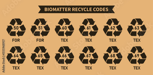 Biomatter recycling codes icon set, triangular mobius strip biomatter and tex recycling symbols, codes 50, 51, 60, 61, 62, 63, 64, 65, 66, 67, 68, 69 for industrial and factory products, Vector