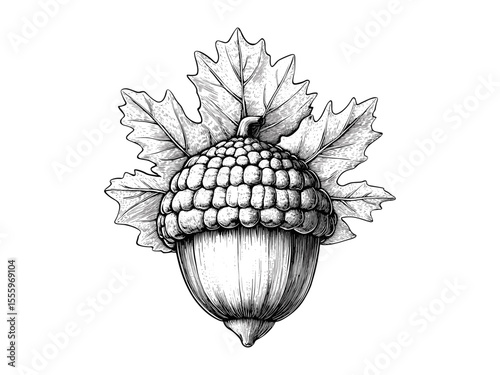 Autumn acorn engraving, vintage forest sketch, retro hand-drawn fall decor, antique black line art, old nature motif, woodland illustration, seasonal clipart, rustic botanical drawing