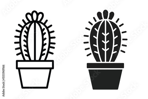 A minimalist black and white illustration of two cactus plants in pots