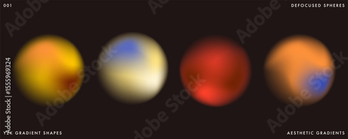 Y2K inspired color transition gradation circle shape set. Blurred yellow, orange, red gradient background. Abstract futuristic vector illustration isolated on black. Holographic blur iridescent color