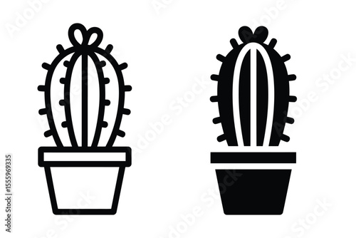 A minimalist black and white illustration of two cactus plants in pots
