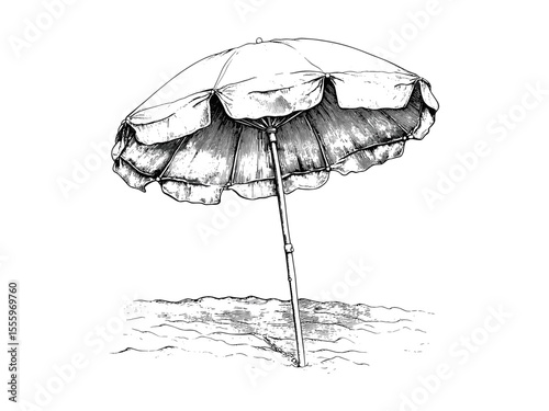 Beach umbrella engraving, vintage summer sketch, black line illustration, retro holiday artwork, old style decor, hand-drawn summer design, coastal vacation scene, summer umbrella art,
