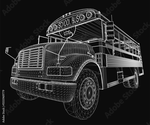 School bus 3D wireframe model with detailed headlights, grille, and wheels stands out against a deep black background. The clean design highlights the vehicle's structure and iconic.