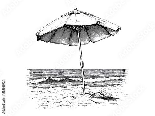Hand-drawn beach umbrella, vintage sunny season decor, black line sketch, old engraving style, summer holiday illustration, trendy seaside art, engraved parasol artwork, retro travel print,