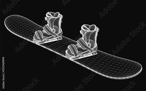A sleek 3D model of a snowboard with attached boots, featuring a glossy finish and detailed bindings, placed on a dark background for contrast. The design highlights modern winter sports equipment.