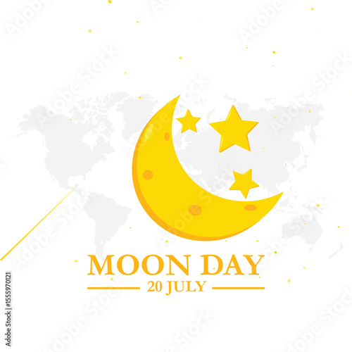 International moon day. 20th July Moon day celebration banner with moon, mini red flag on it and speech bubbles of Moon Landing, space achievement. It marks the anniversary of first landing by humans.