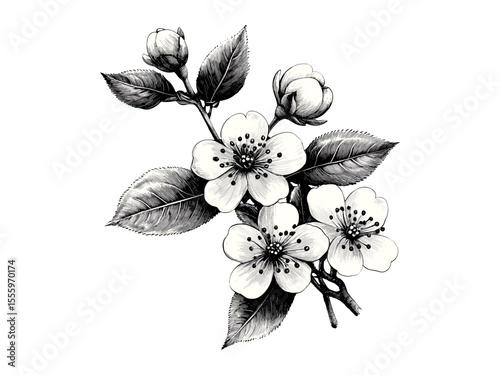 Vintage cherry blossom engraving, hand-drawn floral sketch, antique branch decor, retro spring art, old style black ink flower, botanical illustration, sakura blossom print