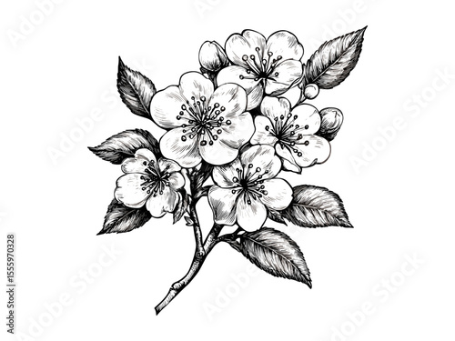 Engraving of blooming cherry blossom branch, vintage hand-drawn flower, retro spring floral print, antique decor, black sketch, old engraving style, sakura line art