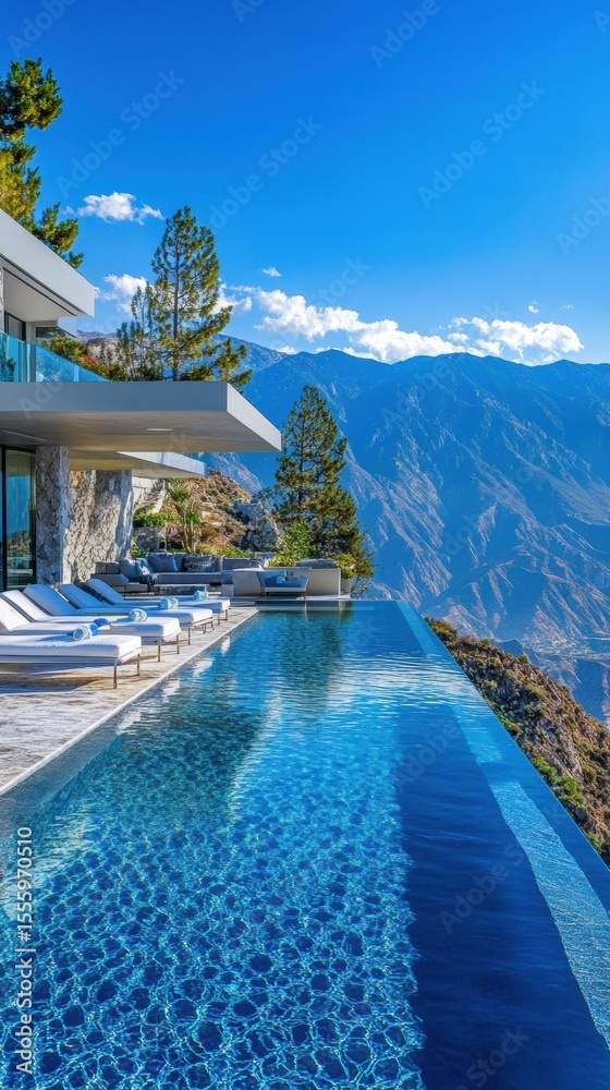 Fototapeta premium A view of the hills from an infinity pool with la white lounge chairs, overlooking distant mountains