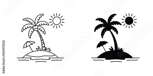 A minimalist black and white illustration of two tropical island