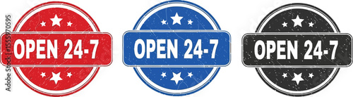 Three open twenty four seven signs in red blue and black color scheme