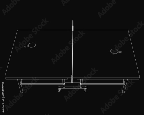 A black and white drawing of a ping pong table with two paddles placed in the center, ready for a game. The rectangular table has a smooth surface, and the paddles are positioned for immediate play.