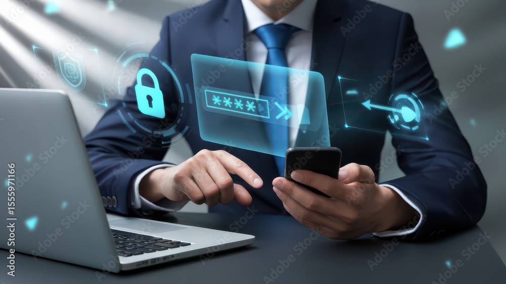 Fototapeta premium Modern business professional interacting with secure digital interfaces online