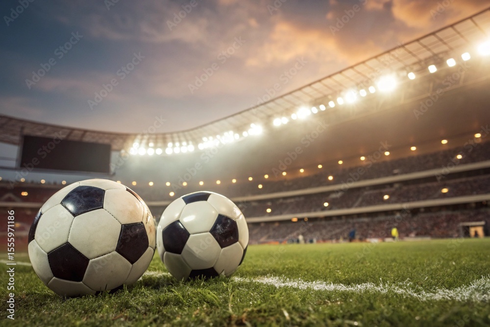 Fototapeta premium Two footballs on stadium field under night lights. Ideal for sports betting, analytics, match preview, league data, team strategy, and online competition themes.