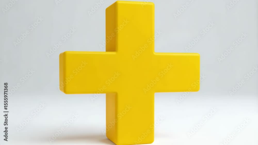Yellow plus sign on white background. Simple positive cross mark concept, bright and cheerful color with minimal geometry.