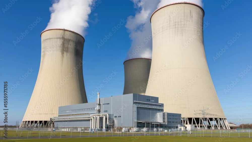 Cooling towers are seen releasing steam into the atmosphere at a nuclear power facility. The structure is situated in an open area under a clear blue sky Cooling towers are seen releasing steam into the atmosphere at a nuclear power facility. The structure is situated in an open area under a clear blue sky