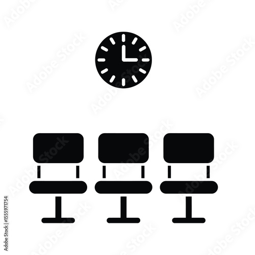 A minimalist black and white Silhouette design showing three empty chairs arranged in a row, positioned beneath a large circular clock