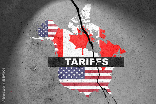 Canada and USA flags map painted on the concrete wall with word TARIFFS. Duty, trade, customs and tariffs war