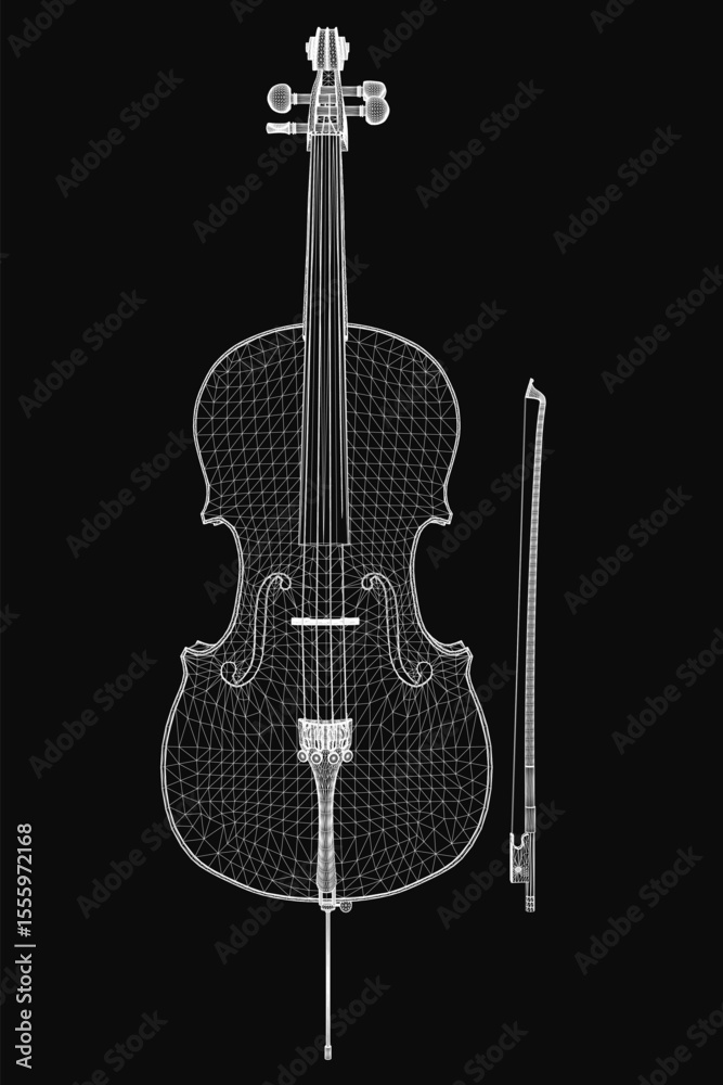 Naklejka premium A detailed black and white drawing of a cello on a dark background, featuring intricate strings and a bow placed beside it. The elegant instrument stands out with its smooth curves and precise.