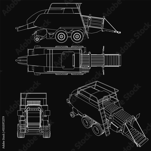 A detailed blueprint of a combine harvester on a black background features multiple vehicle designs, including a tractor, truck, and trailer. Clear outlines highlight headlights, grilles, and wheels.