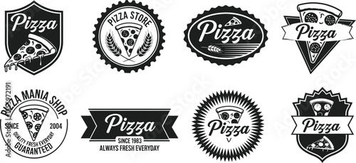 Collection of black and white pizza logos with different designs styles