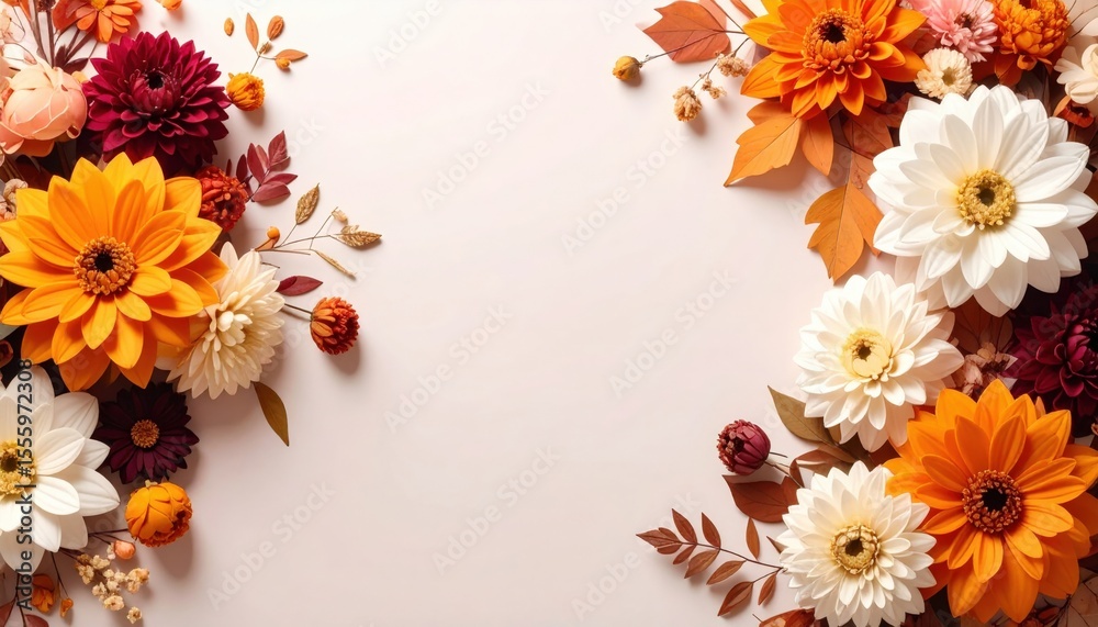 Obraz premium Creative floral arrangement indoor studio photography bright colors top-down view nature inspired design