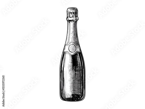 Retro holiday sketch of champagne bottle, vintage party motif, New Year celebration decor, black line engraving, classic old style, festive elegant design, trendy vintage art, luxury celebration