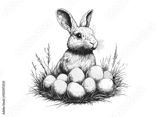 Vintage Easter bunny engraving, spring holiday scene, retro black sketch, hand-drawn festive decor, old engraving style, trendy seasonal motif, rustic hand-crafted illustration, classic holiday design