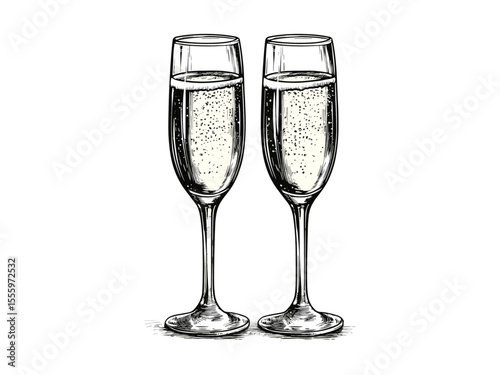 Engraving of champagne glass toast, vintage New Year celebration sketch, festive party decor, hand-drawn seasonal illustration, black line art, retro style, holiday greetings design