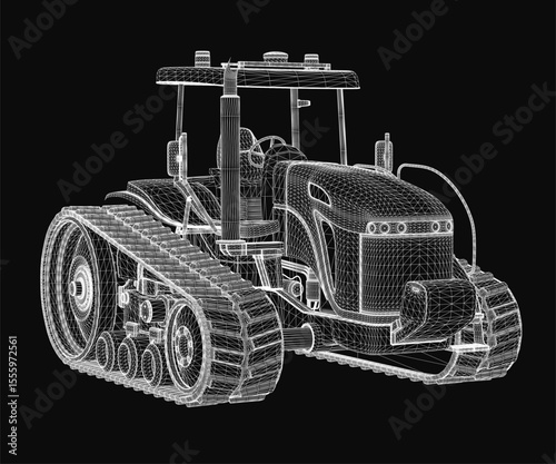 A detailed 3D model of a tractor on a black background, showcasing intricate blueprint lines and realistic curves. The design highlights mechanical precision with clean edges and a professional.