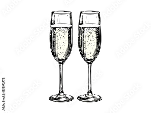 Vintage engraving style champagne toast sketch, festive New Year party decor, hand-drawn celebration illustration, retro black line drawing, elegant seasonal holiday vector art