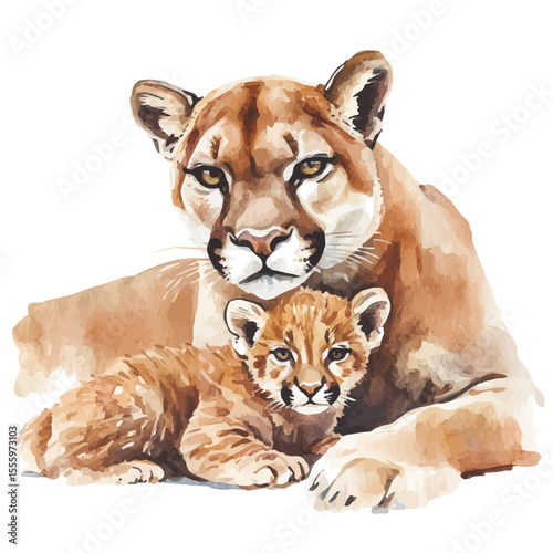 A Mother Cougar With Her Kid, watercolor vector, isolated on a white background.