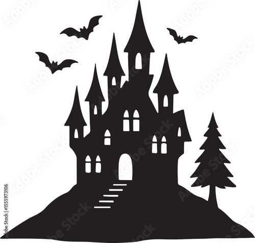 Spooky haunted castle with bats flying overhead and a lone pine tree silhouette