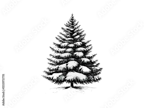 Snow-covered pine tree engraving, vintage winter forest illustration, black sketch art, antique seasonal decor, hand-drawn retro print, rustic woodland design, classic holiday art, detailed linework,