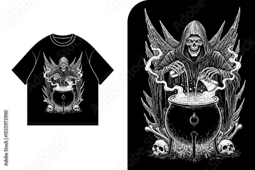 A black t-shirt design featuring a grim reaper pouring a potion into a bubbling cauldron.