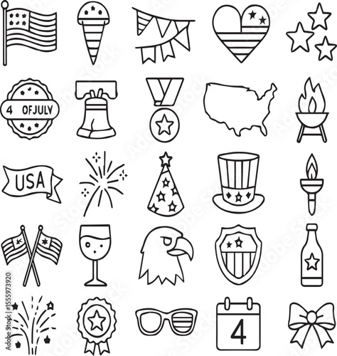 4th of July Patriotic Icon Set – American Flag, Fireworks, Uncle Sam Hat, Eagle, USA Symbols & Celebration Elements