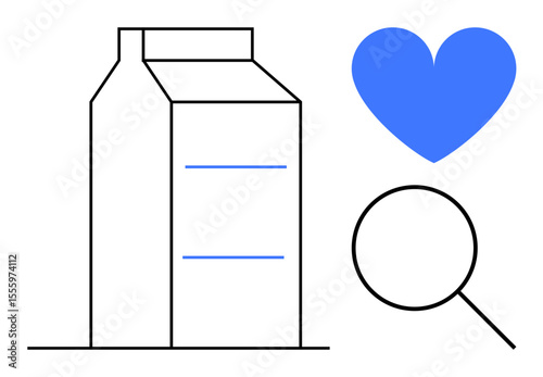 Milk carton outline with magnifying glass and blue heart icon for nutrition awareness, food safety, and quality check. Ideal for health, awareness campaigns, food packaging, education, healthy