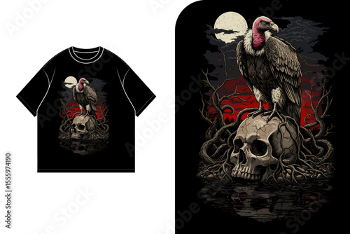 T-shirt design featuring a vulture perched on a skull with bare branches against a moonlit, blood-red sky.