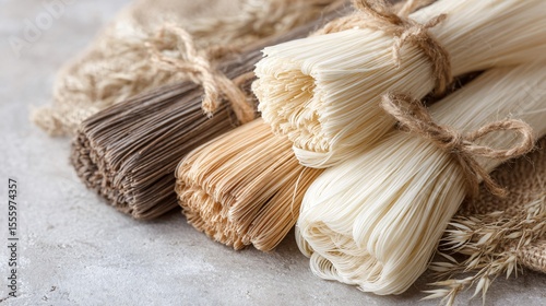 Flat lay of rice noodles tied in bundles with jute twine, laid on linen and marble background