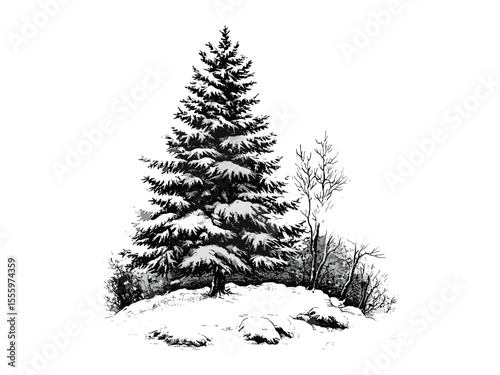 Winter forest illustration, vintage black ink engraving, snow-covered pine tree art, retro seasonal decor, hand-drawn rustic artwork, antique style nature sketch, classic holiday design