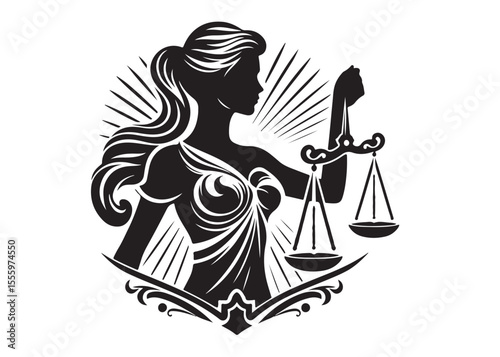justice scales lady logo silhouette vector, lady justice logo icon silhouette, woman holding scales of justice silhouette lady lawyer logo design vector illustration silhouette on a white background