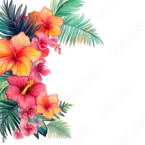 Watercolor tropical floral frame with hibiscus and jungle leaves. Colorful square botanical border for wedding, invitation,  card, summer greeting decorative design and exotic art projects..