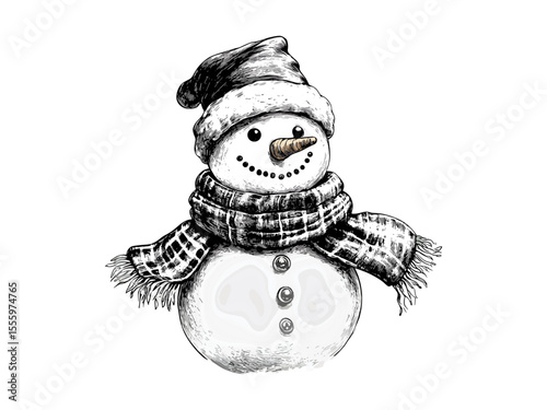 Retro snowman sketch with scarf and hat, vintage winter holiday engraving, old-fashioned seasonal decoration, black line drawing, trendy Christmas illustration, hand-drawn rustic style